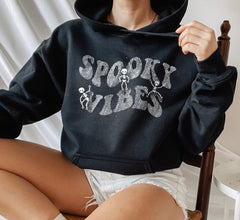 black hoodie with skeleton that says spooky vibes - HighCiti