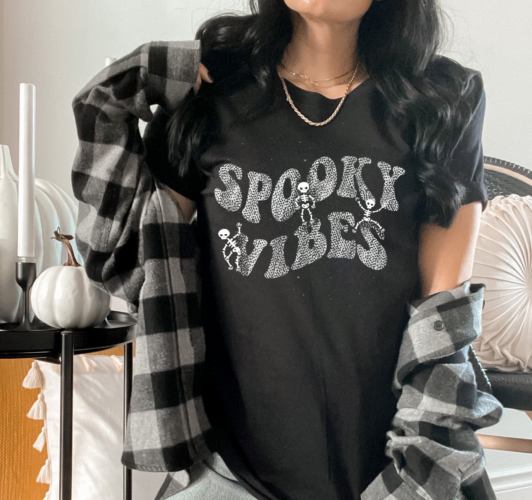 black shirt with skeleton that says spooky vibes - HighCiti