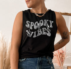 black muscle tank with skeleton that says spooky vibes - HighCiti