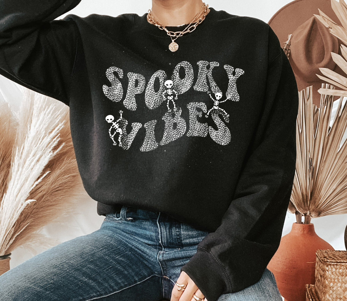 black sweater with skeleton that says spooky vibes - HighCiti