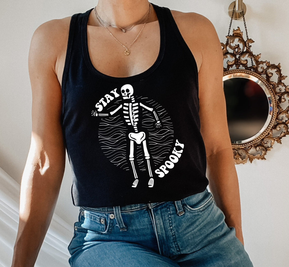 black tank top with a skeleton that says stay spooky - HighCiti