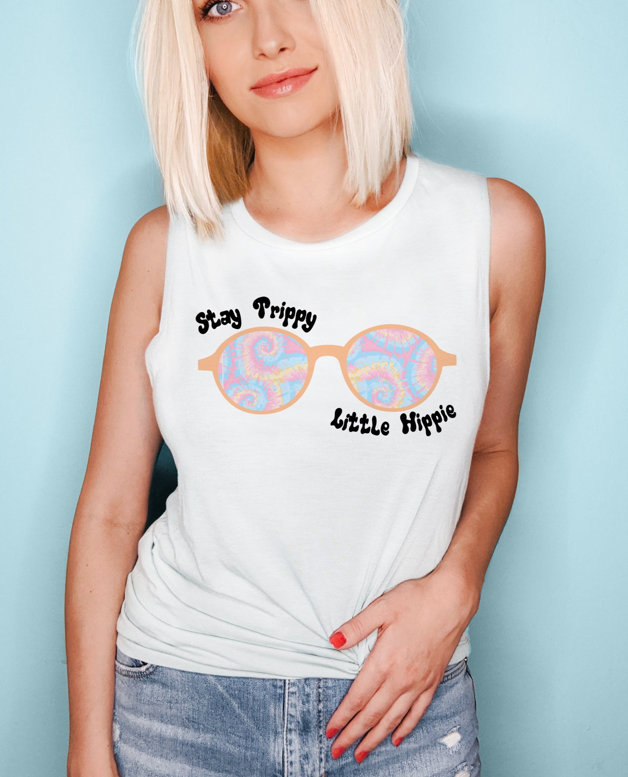 White muscle tank with tie-dye glasses that says stay trippie little hippie - HighCiti