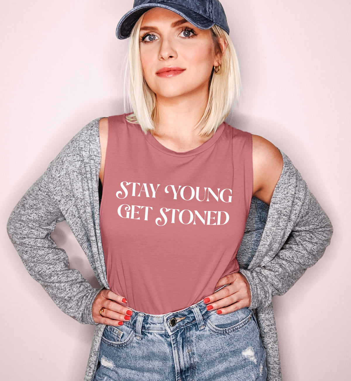 Mauve muscle tank saying stay young get stoned - HighCiti