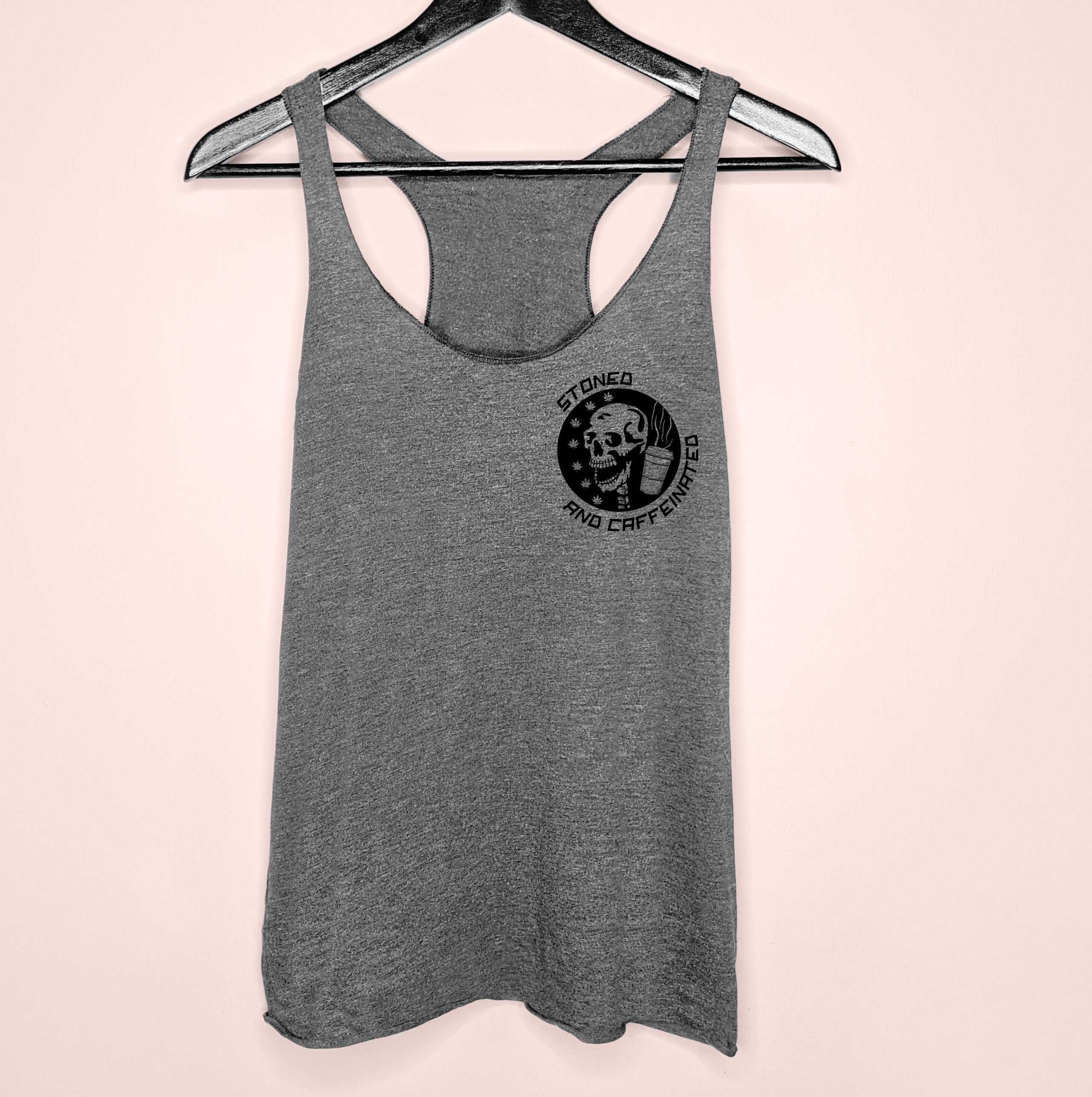 Grey tank top with a skeleton and a coffee saying stoned and caffeinated - HighCiti