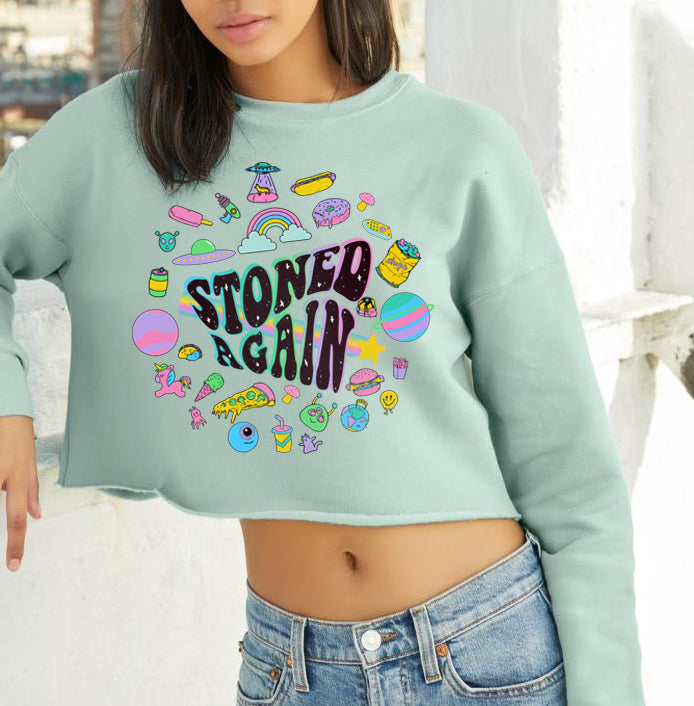 Dusty blue crop sweatshirt with stoner weed art work saying stoned again - HighCiti