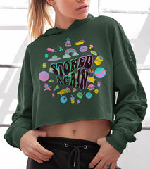 Military green crop hoodie with stoner weed art work saying stoned again - HighCiti