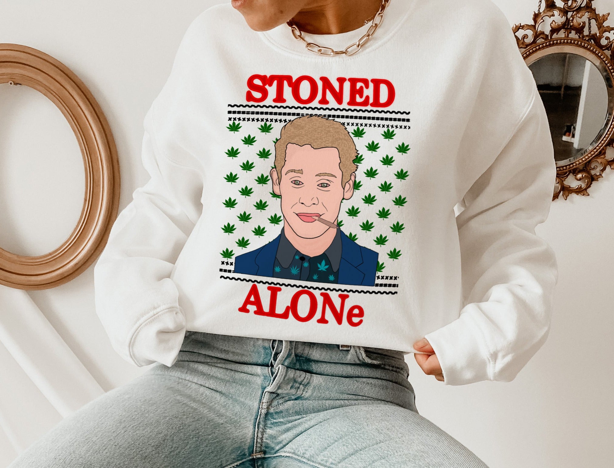 White sweatshirt with kevin from home alone smoking a joint saying stoned alone - HighCiti