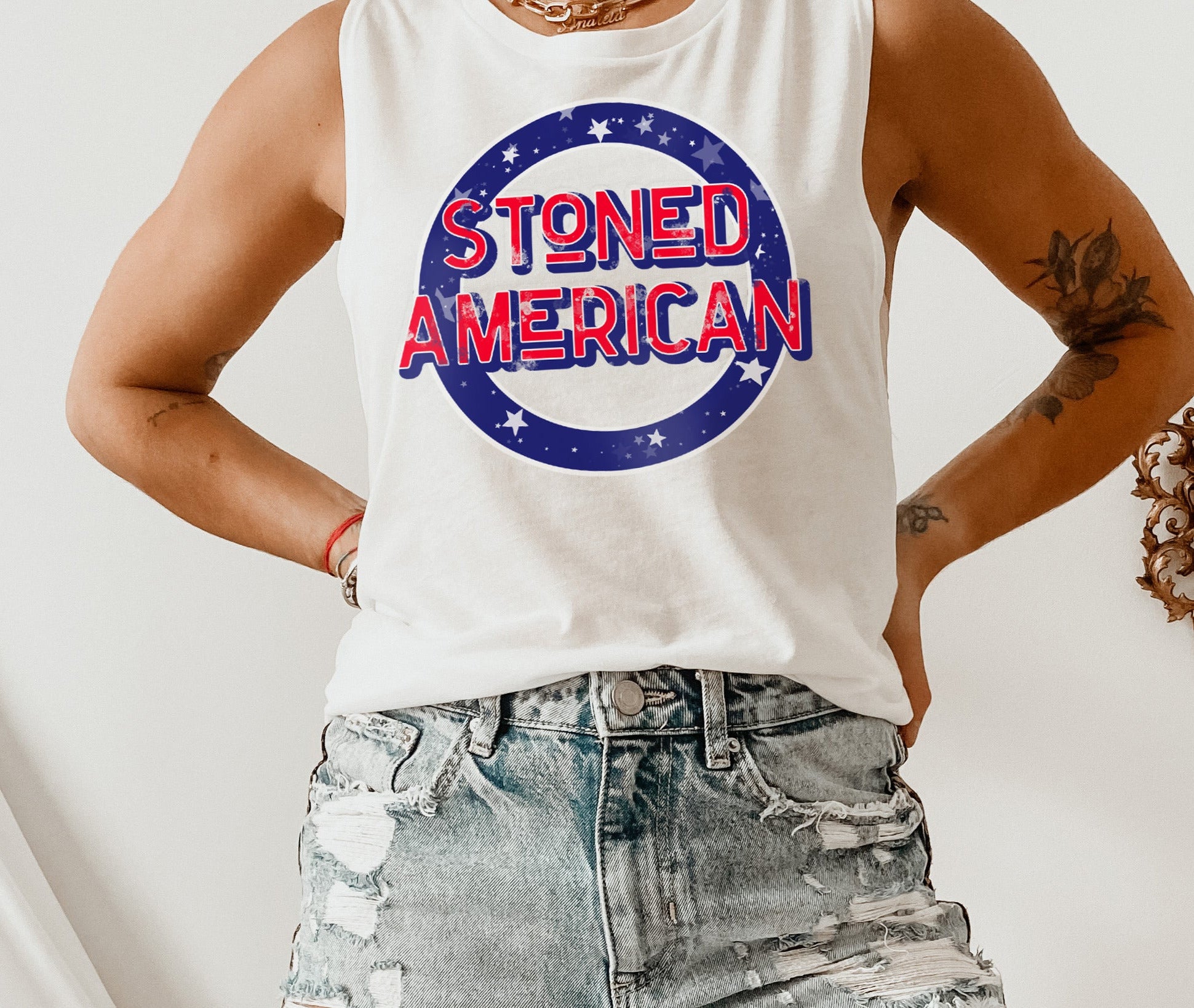 White muscle tank that says stoned american - HighCiti