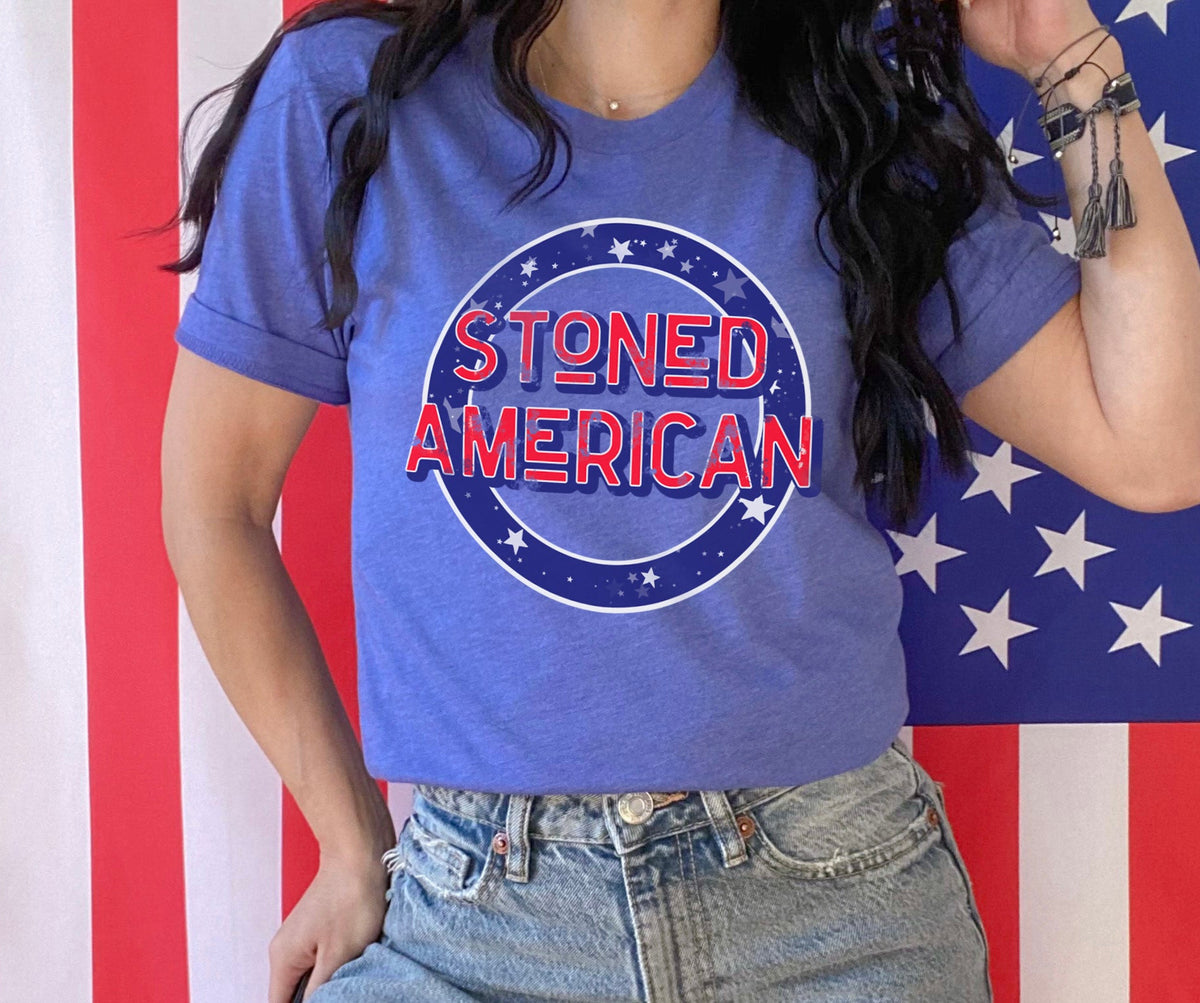 royal blue shirt that says stoned american - HighCiti