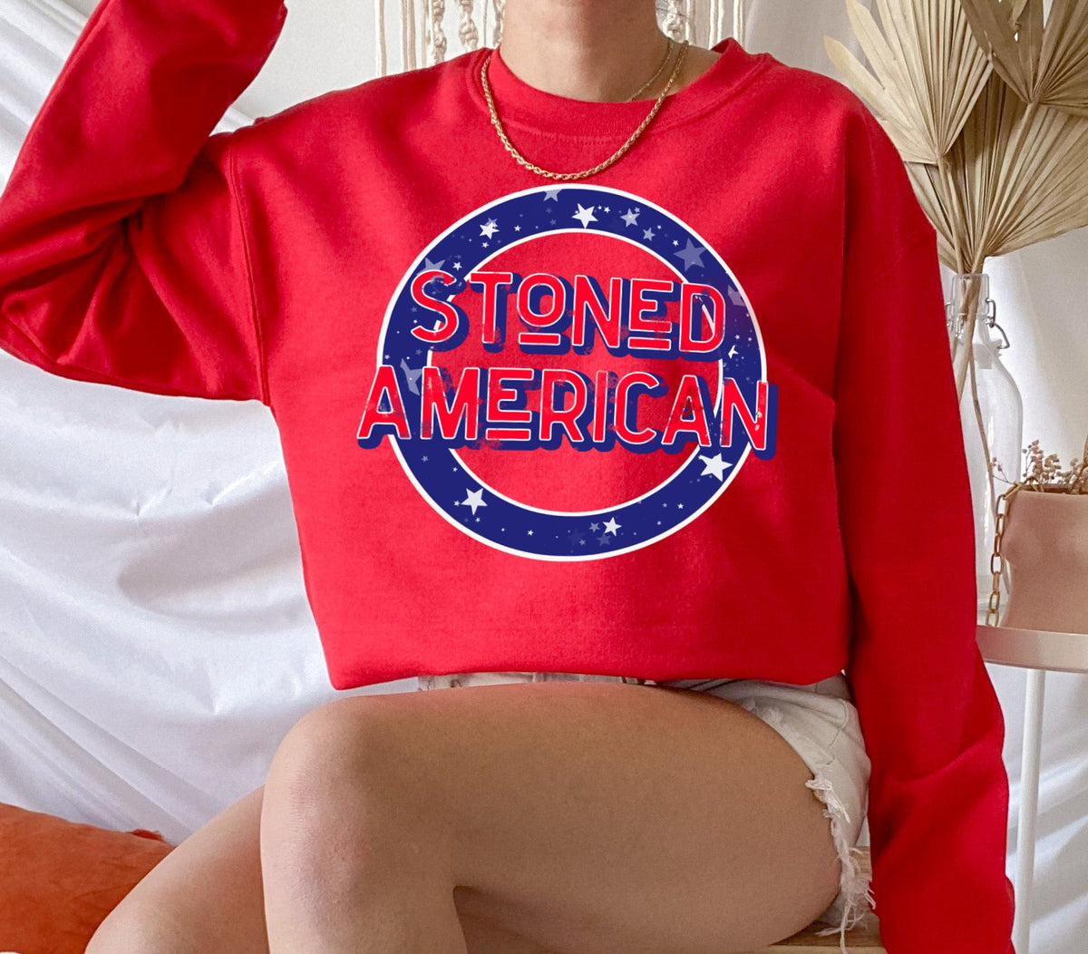 red sweatshirt that says stoned american - HighCiti