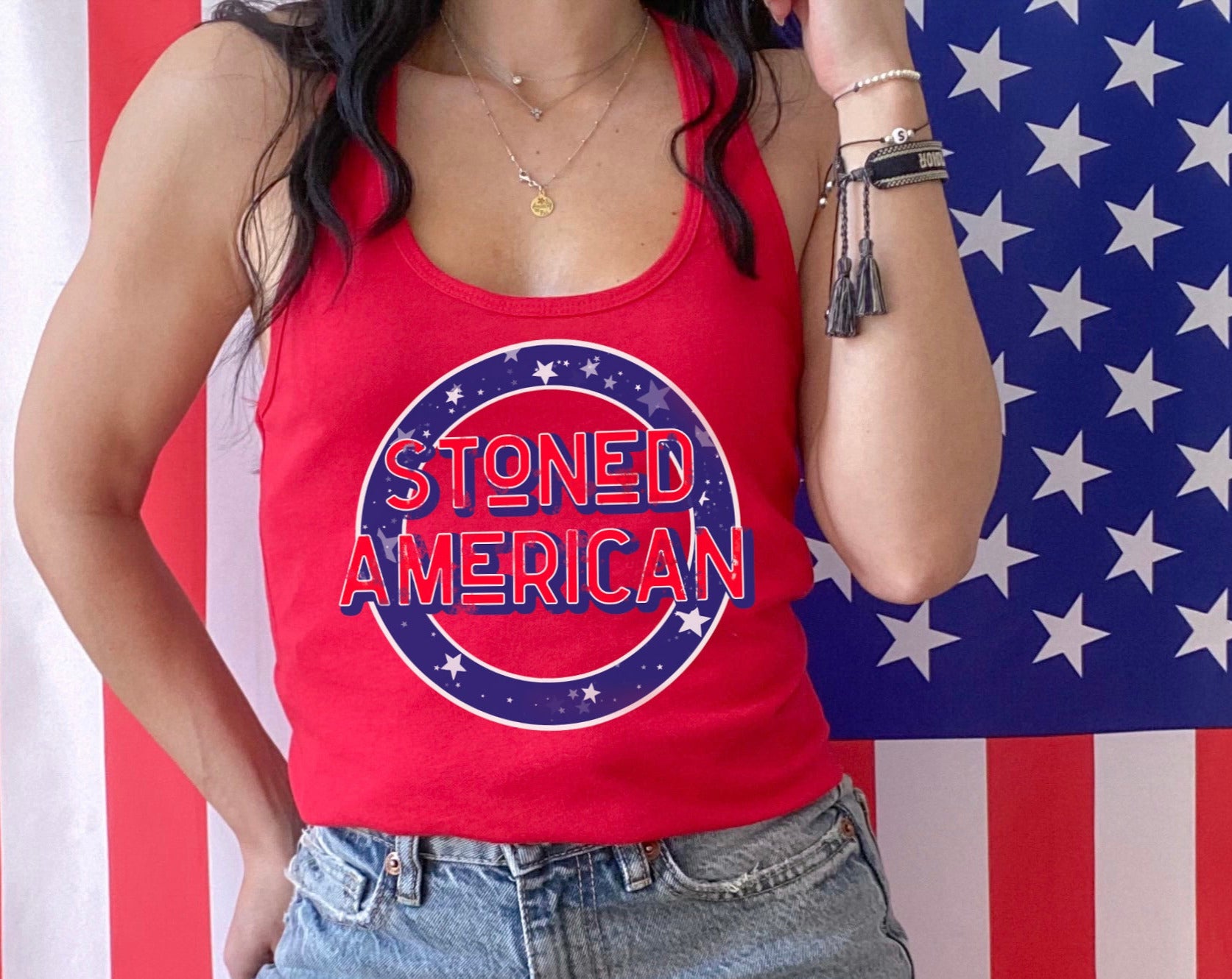 red tank top that says stoned american - HighCiti