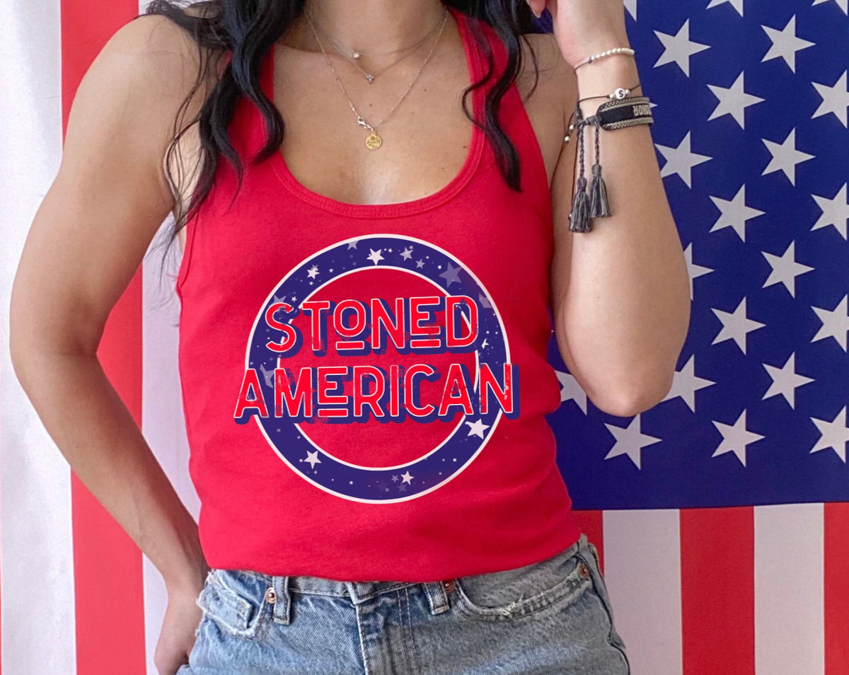 red tank top that says stoned american - HighCiti