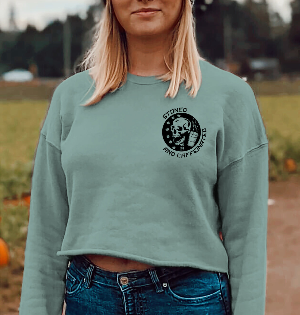 Dusty blue crop sweater with a skeleton and a coffee saying stoned and caffeinated - HighCiti