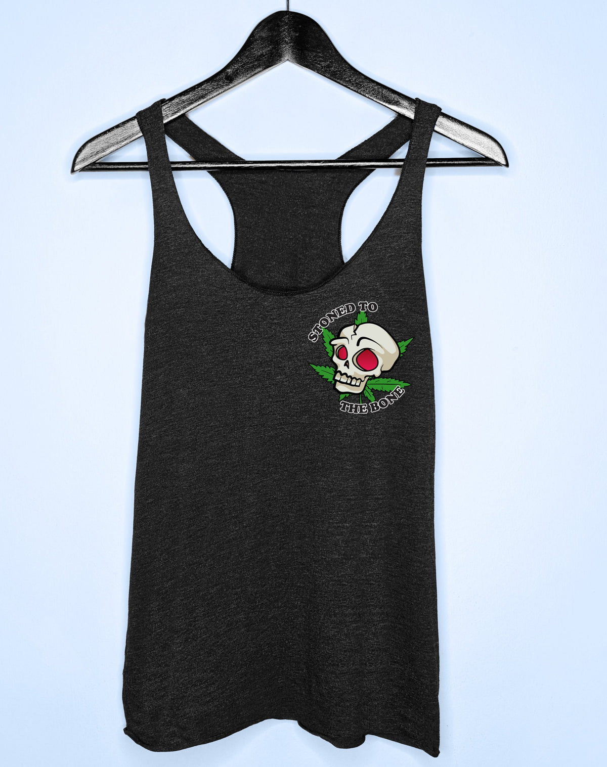 Black tank with a skull and a cannabis leaf saying stoned to the bone - HighCiti