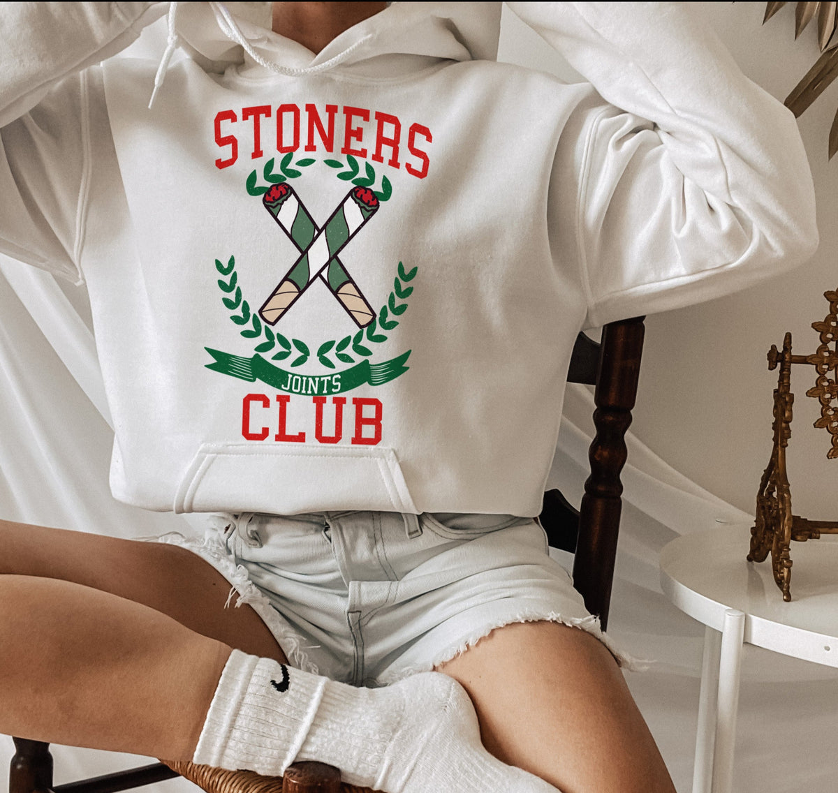 white hoodie with joints saying stoners club - HighCiti