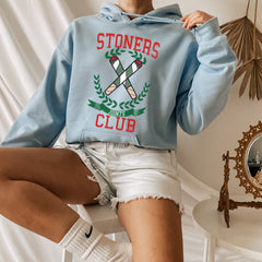 light blue hoodie with joints saying stoners club - HighCiti