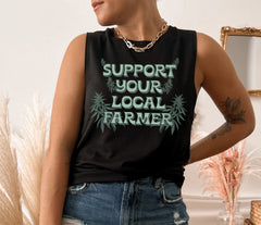 black muscle tank with a cannabis plant saying support your local farmer - HighCiti