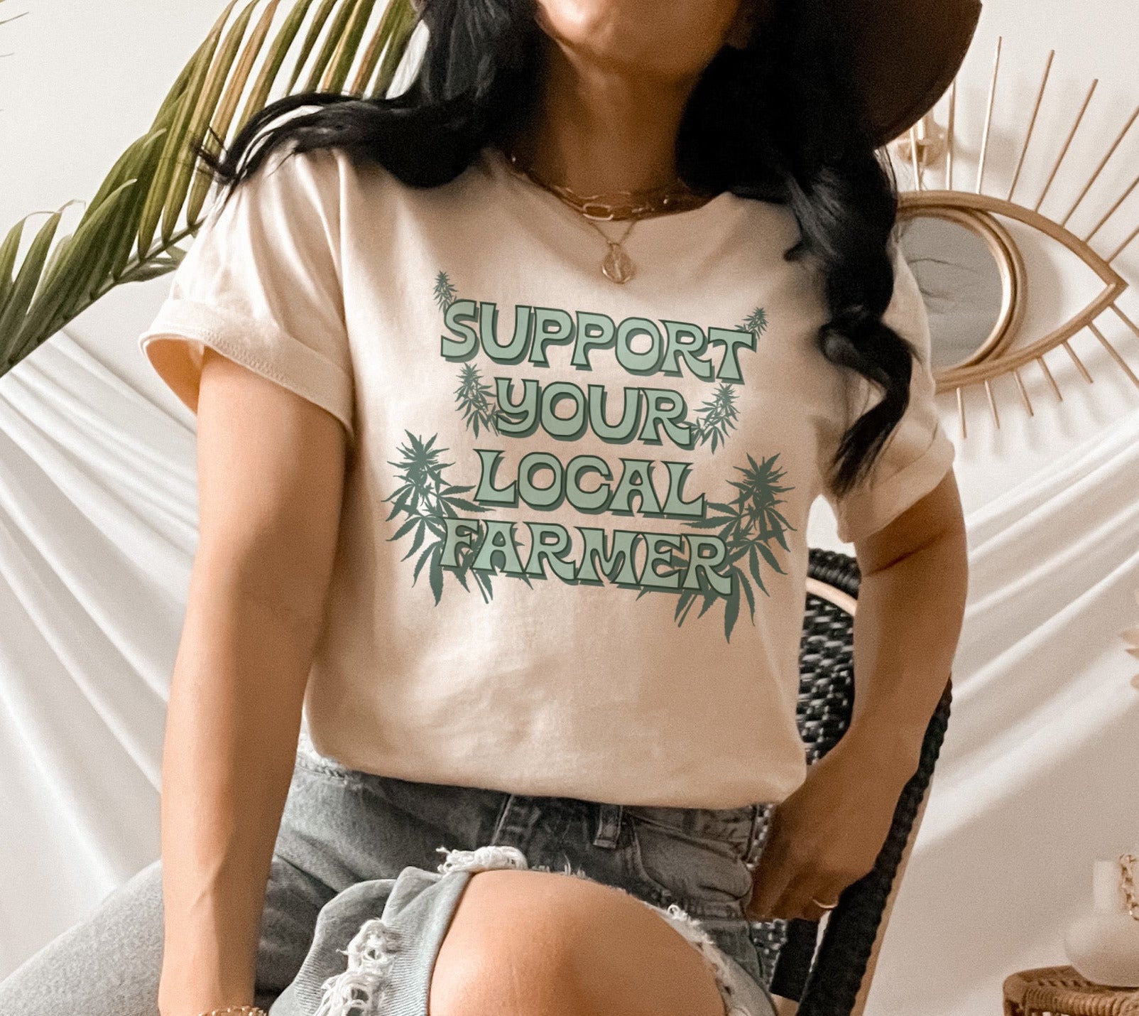 Sand shirt with a cannabis plant saying support your local farmer - HighCiti