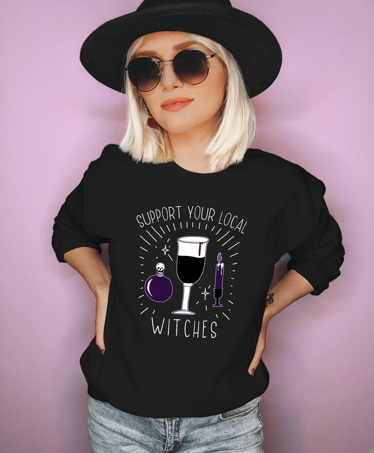Black sweatshirt saying support your local witches - HighCiti