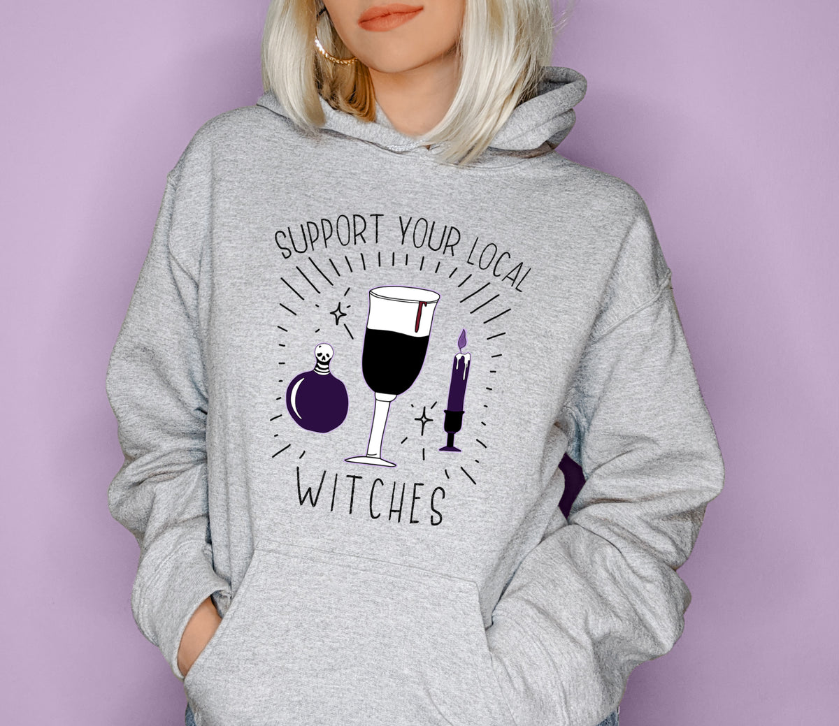 Grey hoodie saying support your local witches - HighCiti