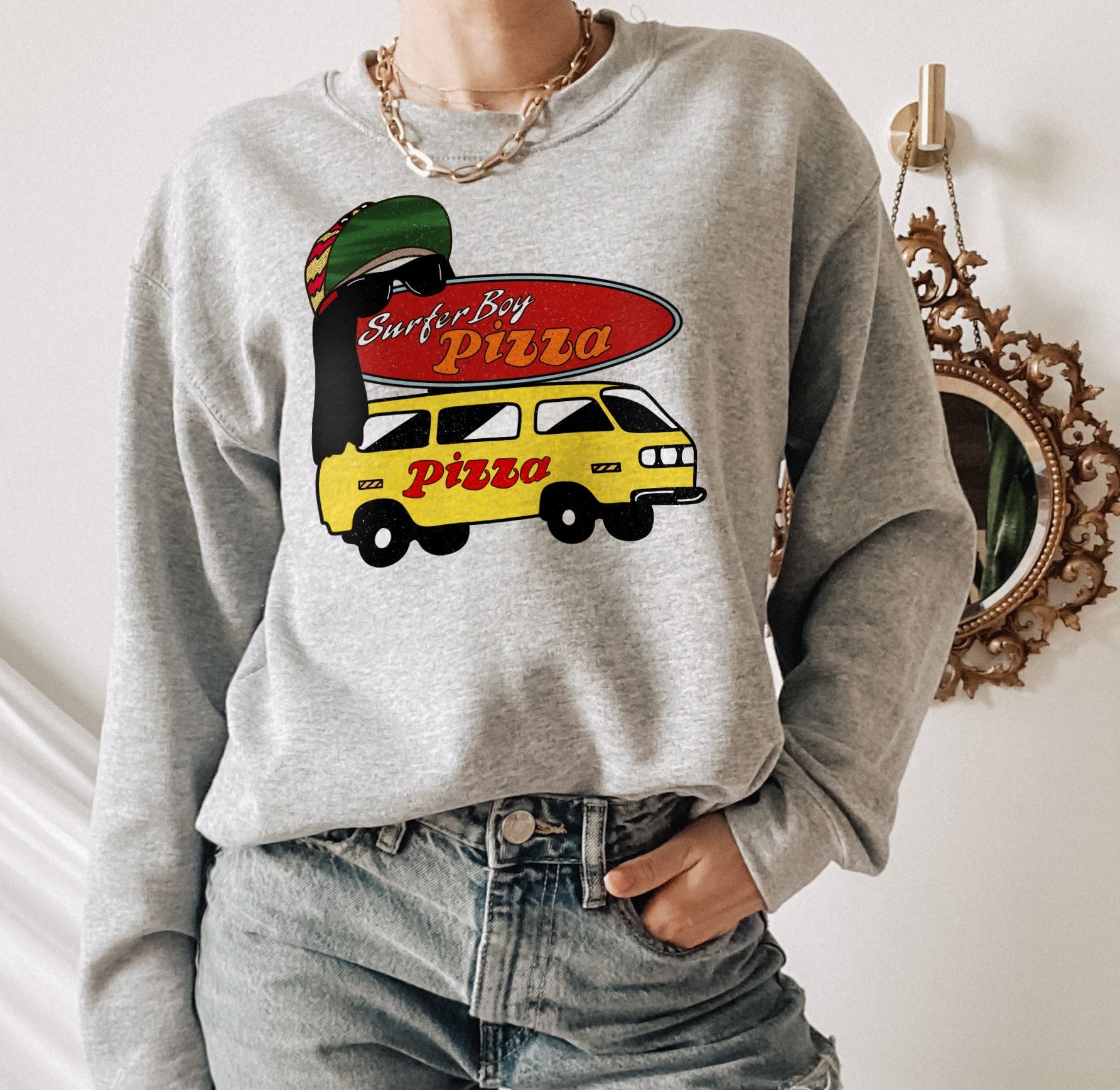 Grey sweater that says surfer boy pizza - HighCiti