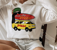 White hoodie that says surfer boy pizza - HighCiti