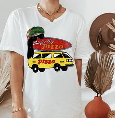 White shirt that says surfer boy pizza - HighCiti