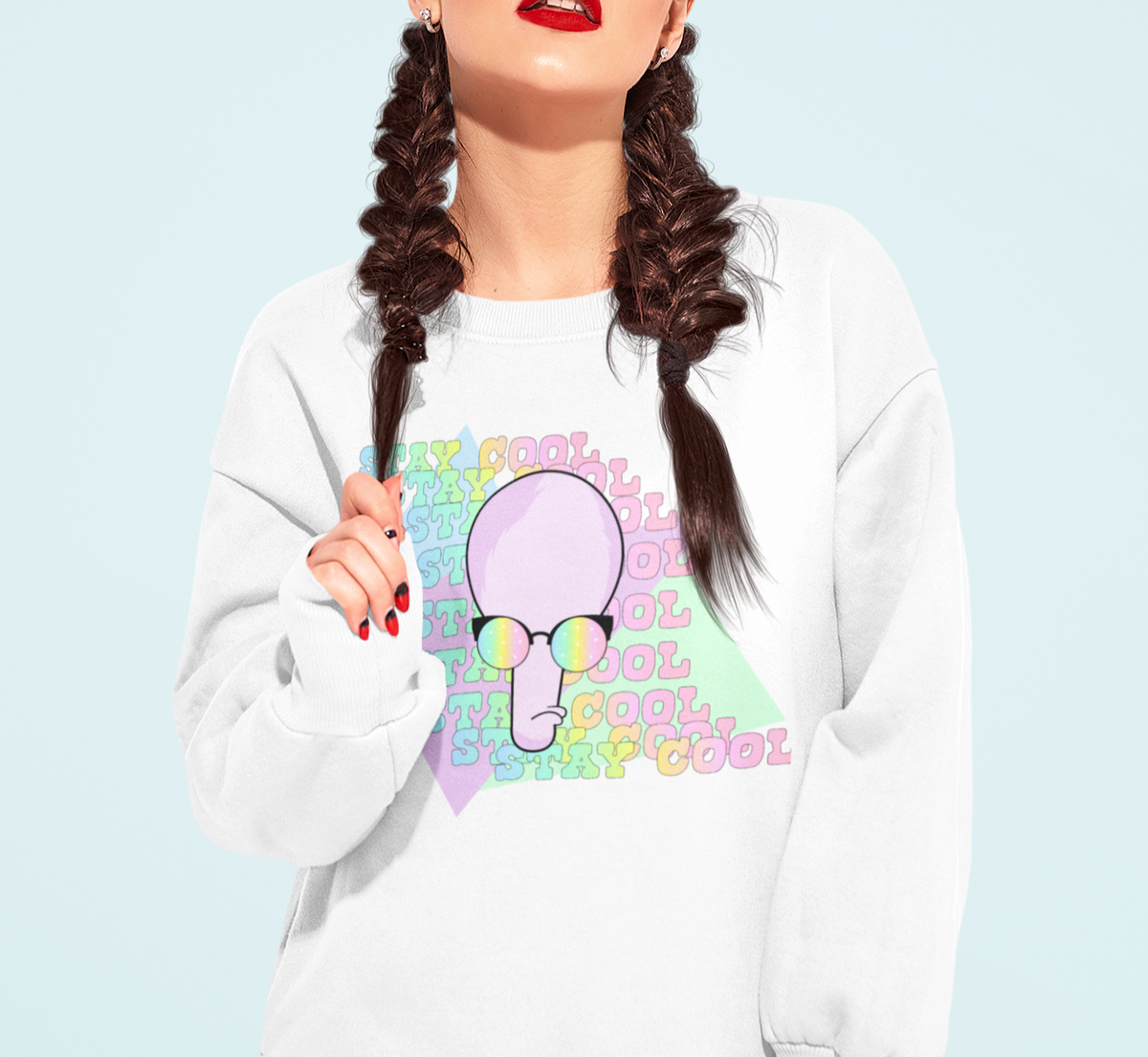 White sweatshirt with a pastel alien saying stay cool - HighCiti
