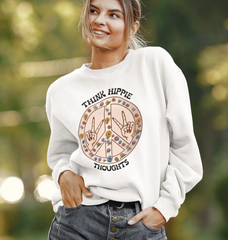 White sweatshirt with a floral peace sign saying think hippie thoughts - HighCiti