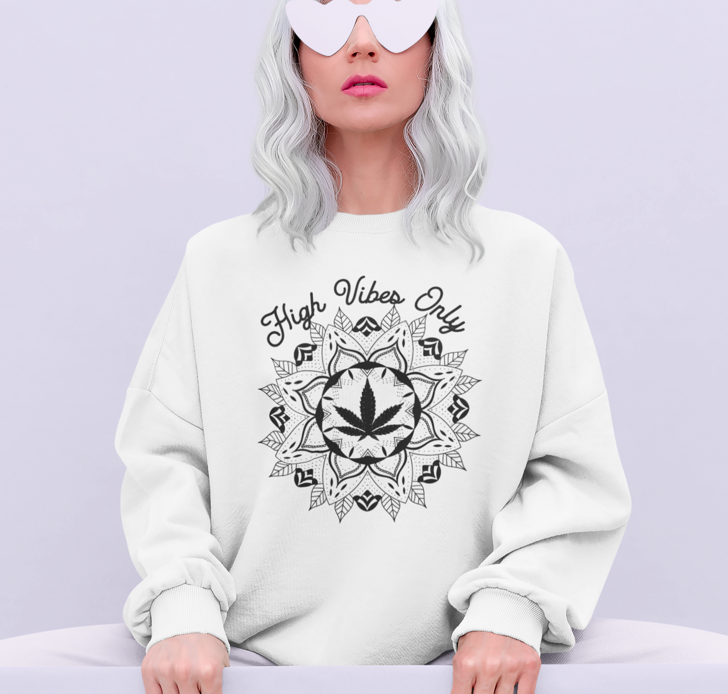 White sweatshirt with a cannabis leaf mandala - HighCiti