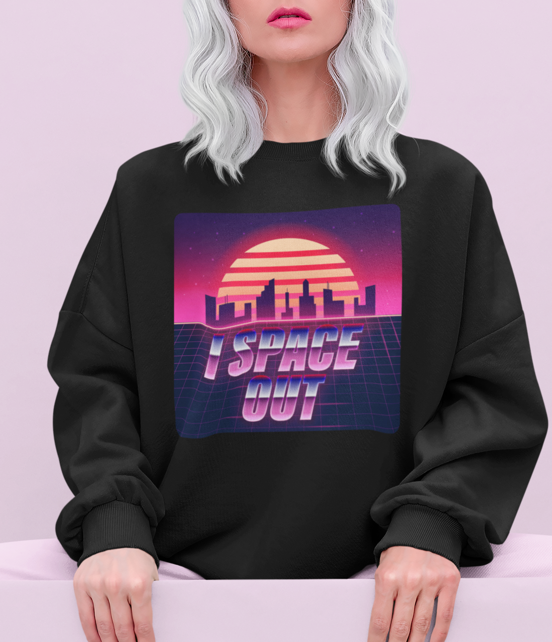 Black sweatshirt with a retro graphic saying I space out - HighCiti