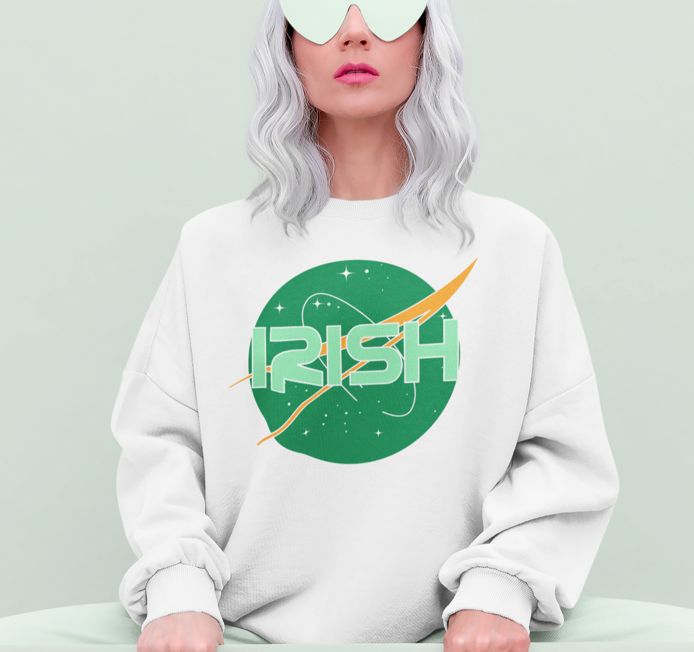 White sweatshirt with the nasa logo saying irish - HighCiti