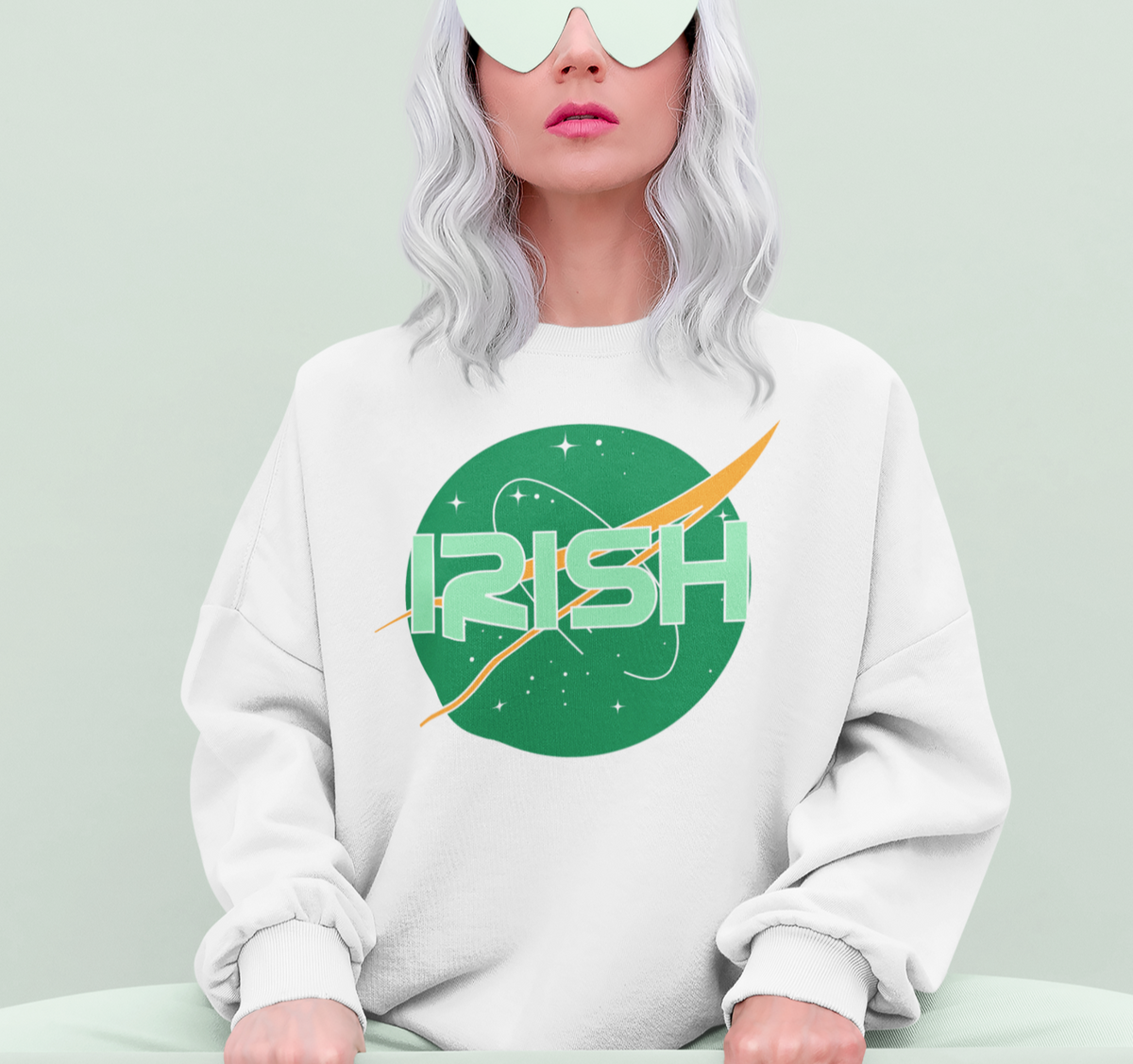White sweatshirt with the nasa logo saying irish - HighCiti