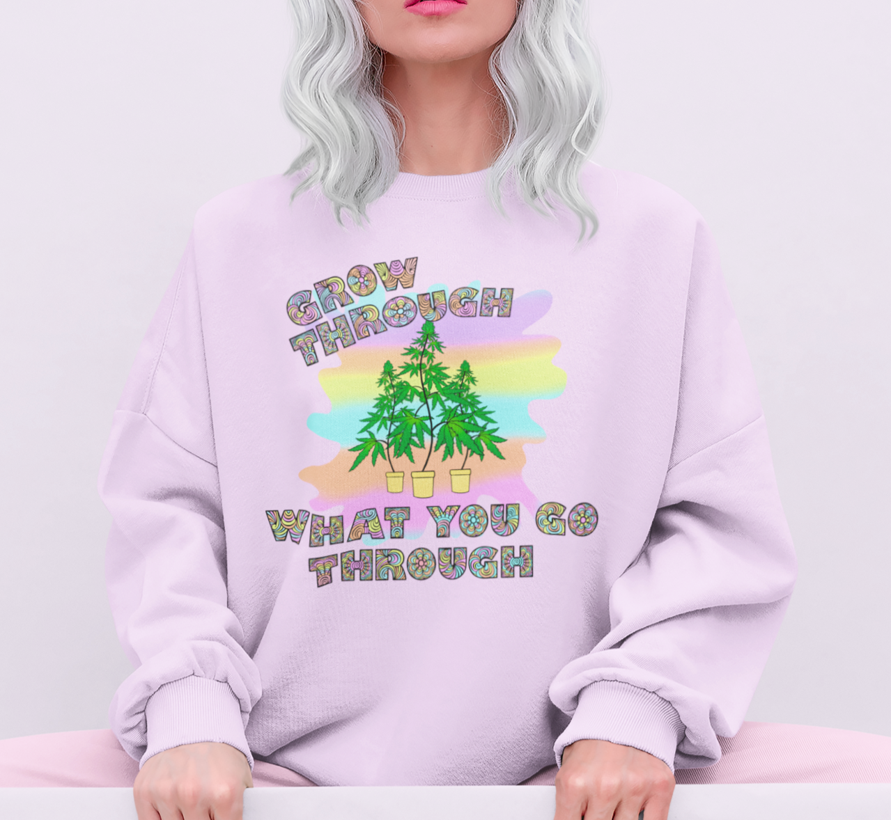 Lilac sweater with a cannabis plant saying grow through what you go through - HighCiti