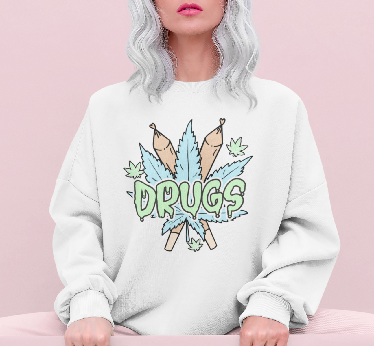 White sweatshirt with blunts and weed leaf saying drugs - HighCiti