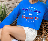 royal blue sweater that says sweet land of li-beer-ty - HighCiti