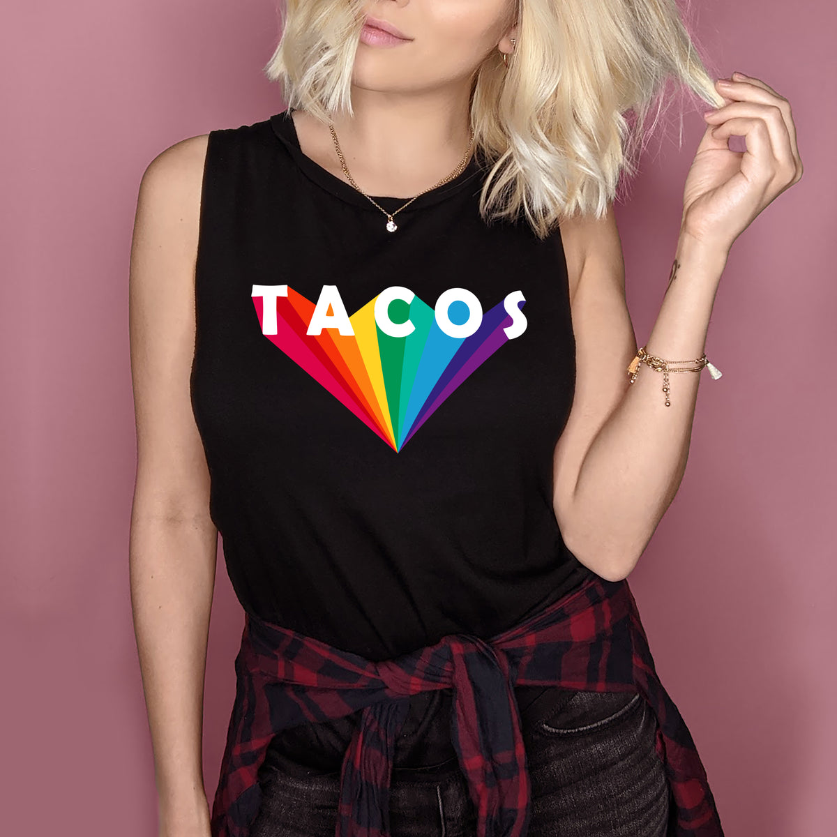 Black muscle tank hat says tacos in the retro font - HighCiti