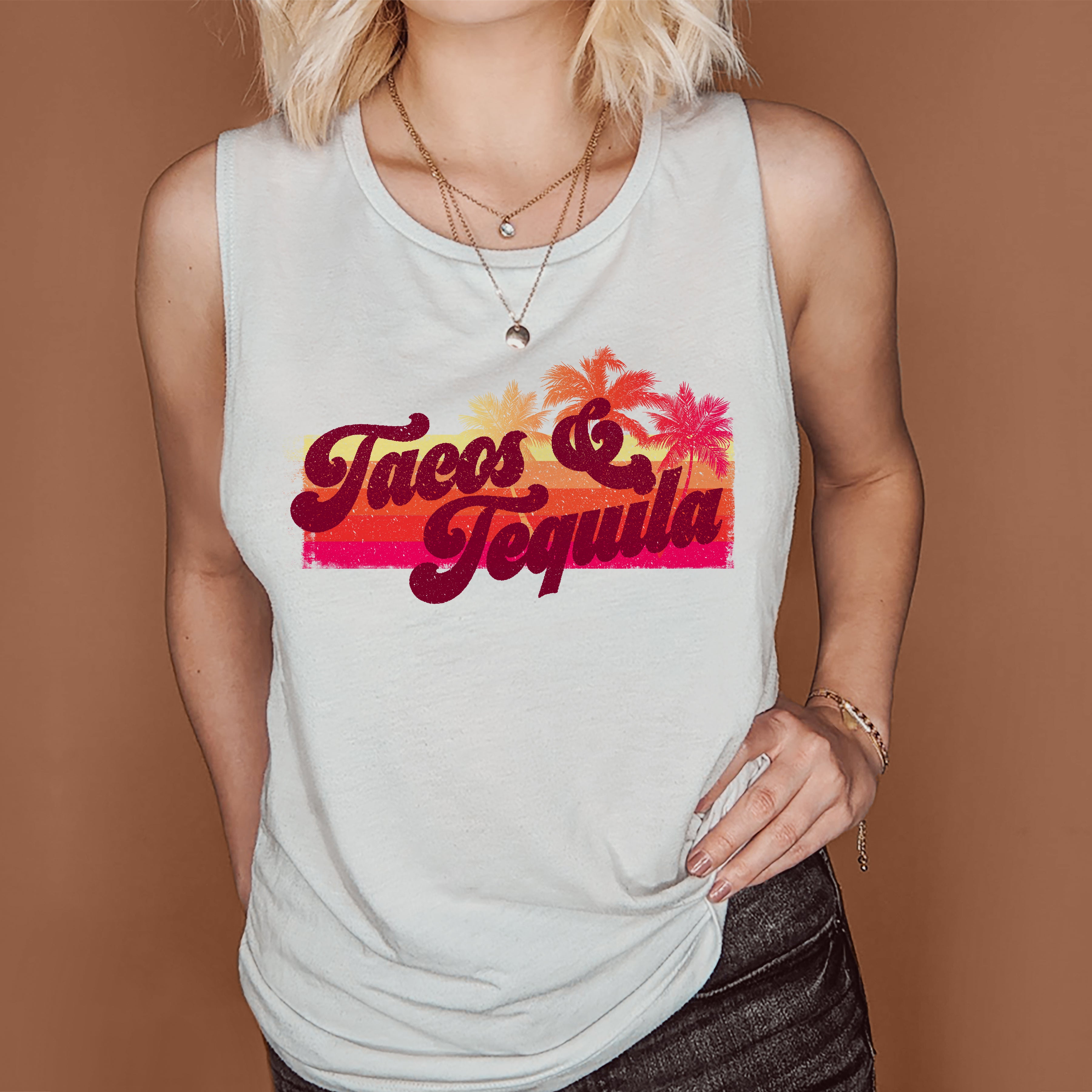 White muscle tank with retro palm tree graphic that says tacos and tequila - HighCiti