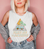 White muscle tank with a hippie bus that says take me anywhere - HighCiti
