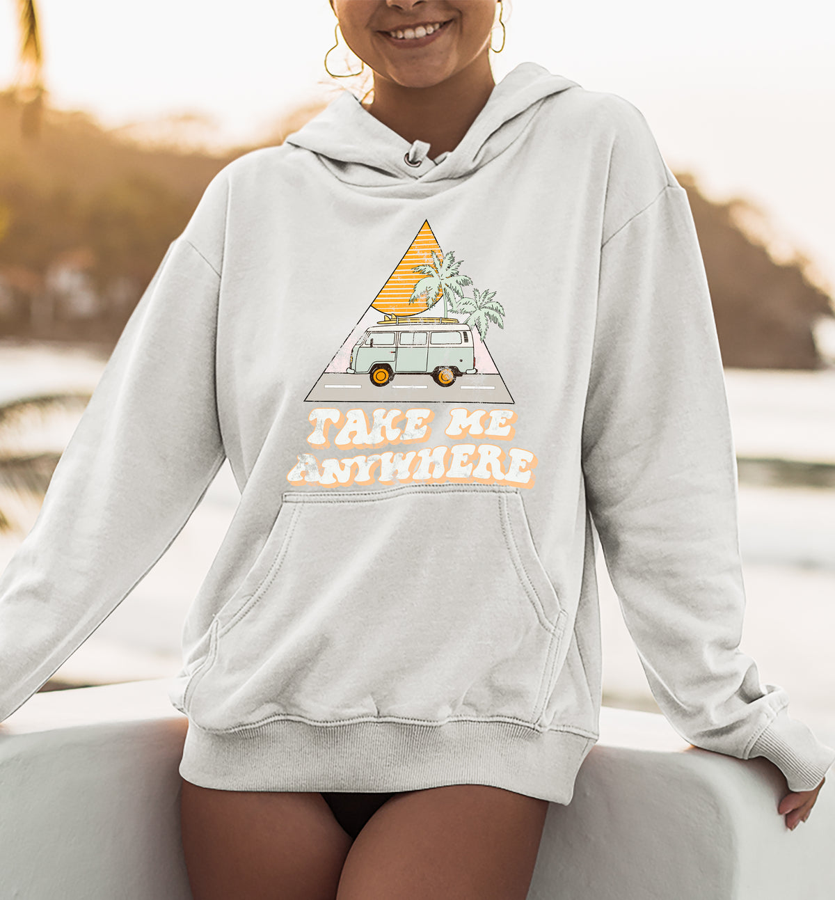White hoodie with a hippie bus that says take me anywhere - HighCiti