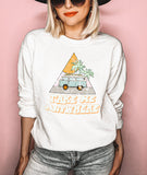 White sweatshirt with a hippie bus that says take me anywhere - HighCiti