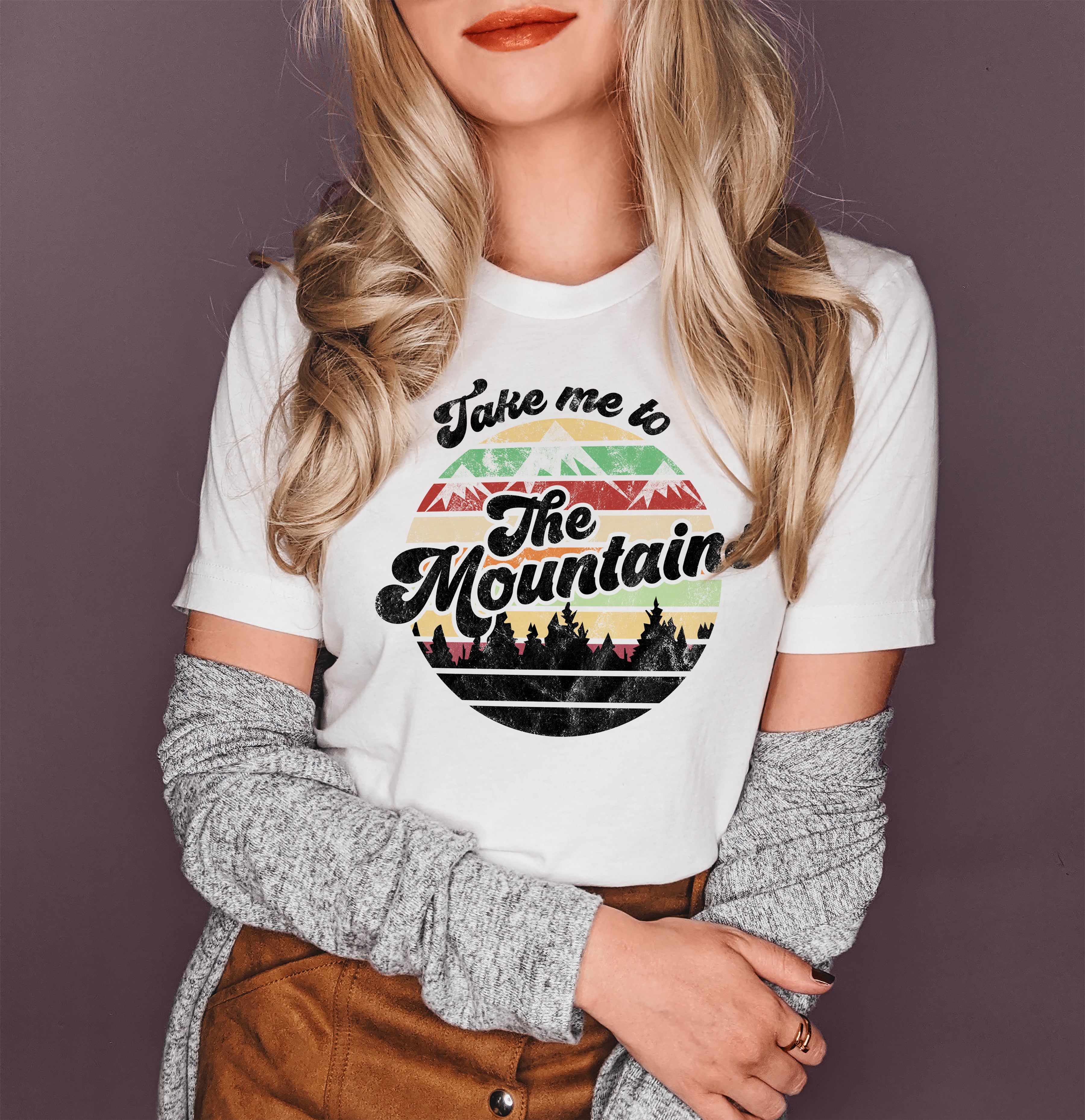White shirt with retro graphic saying take me to the mountains - HighCiti