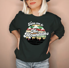 Forest sweatshirt with retro graphic saying take me to the mountains - HighCiti
