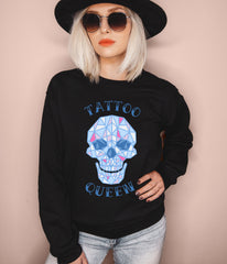 Black sweatshirt with a skull that says tattoo queen - HighCiti