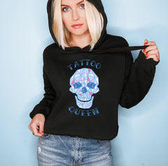 Black crop hoodie with a skull that says tattoo queen - HighCiti