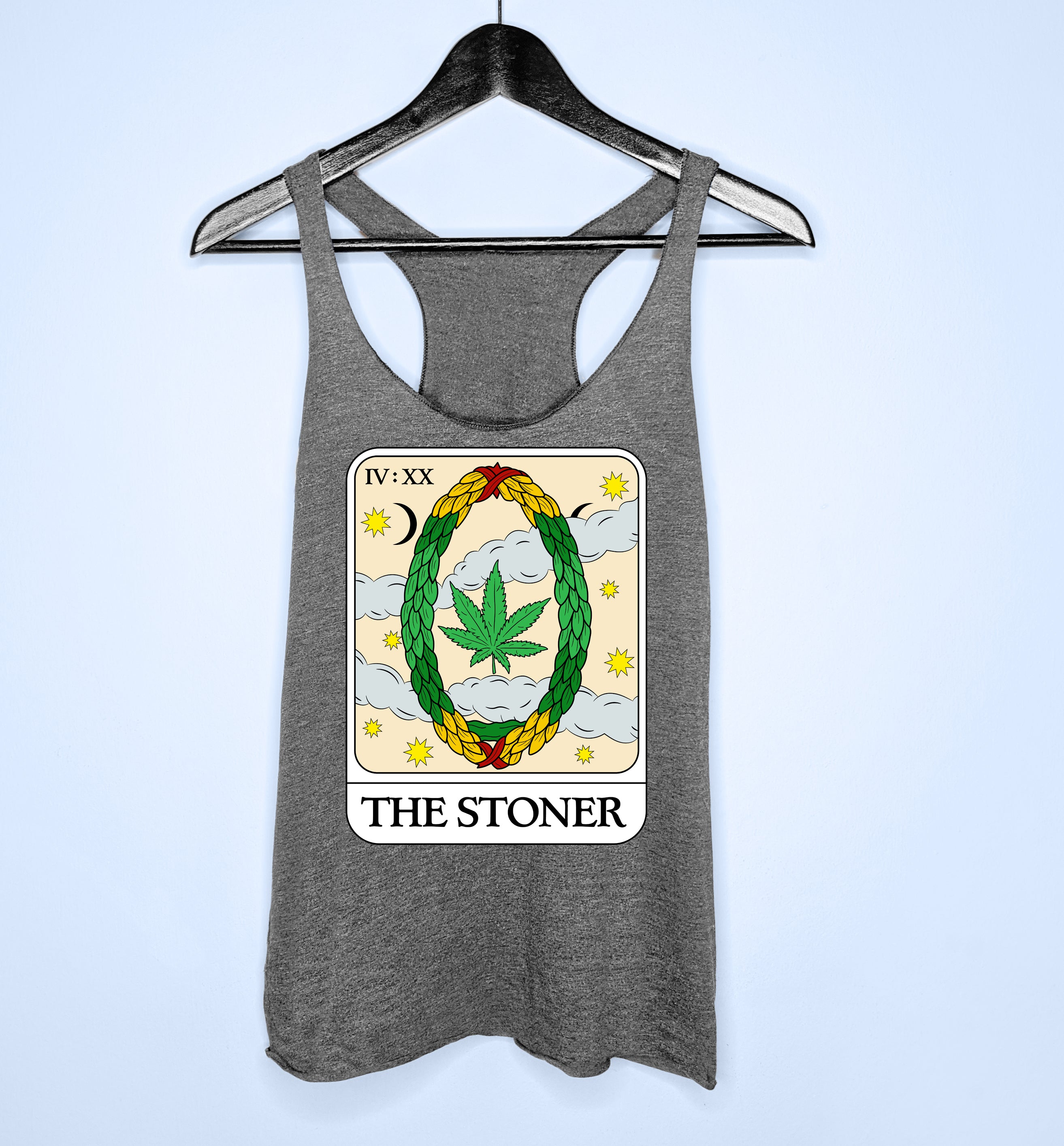 Grey tank top with a tarot card and a cannabis leaf saying the stoner - HighCiti