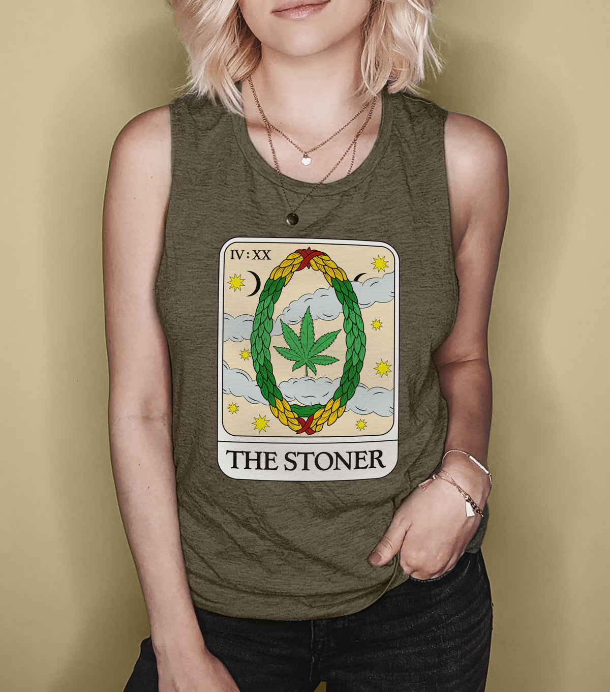 Olive muscle tank with a tarot card and a cannabis leaf saying the stoner - HighCiti