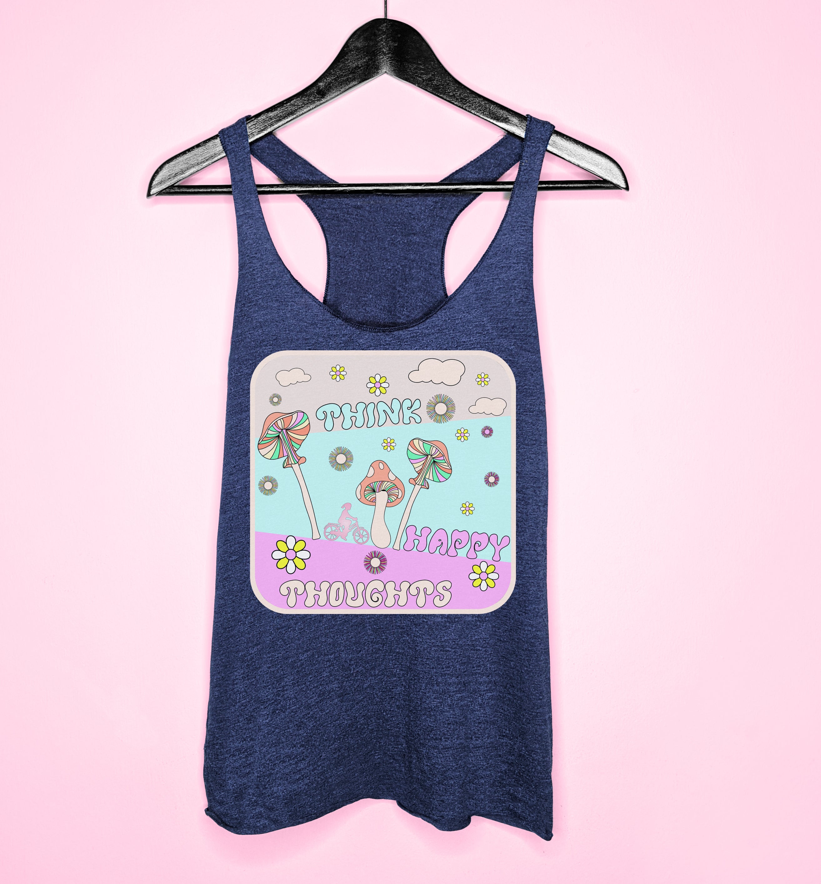 Navy tank with mushroom and flowers saying think happy thoughts - HighCiti