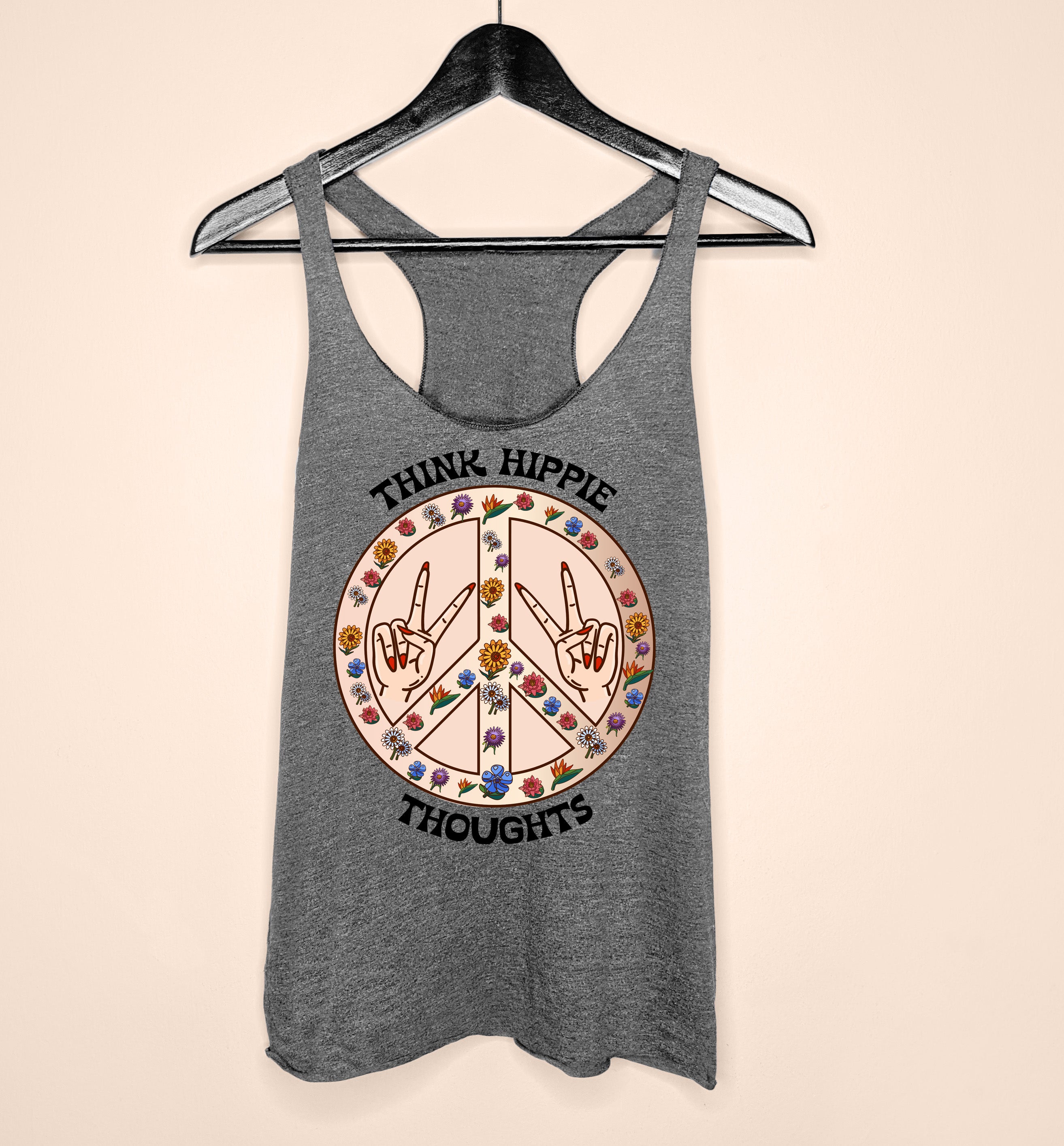 Grey tank top with a floral peace sign saying think hippie thoughts - HighCiti