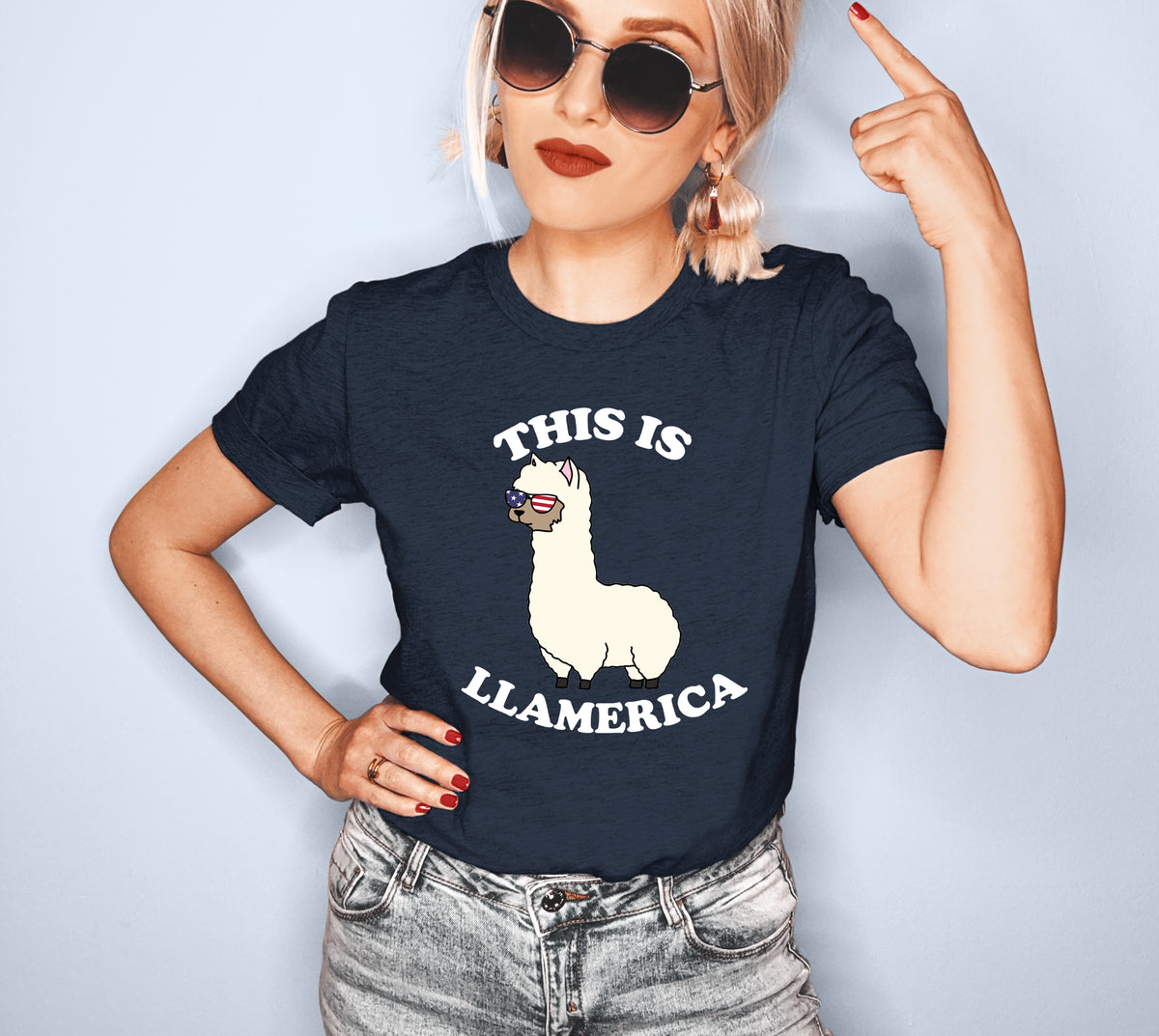 Heather navy shirt with a american llama that says this is llamerica - HighCiti